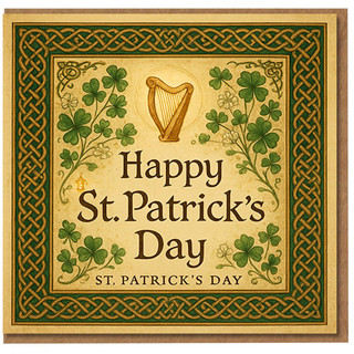 Happy St. Patrick's Day Card - Celtic Knotwork Border with Shamrocks and Golden Harp, Vintage Irish Greeting