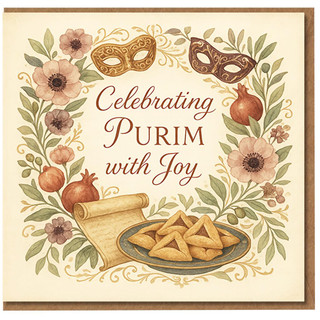 Purim Greeting Card - Celebrating Purim with Joy - Watercolour Masks, Hamantaschen & Pomegranates - Jewish Holiday Card for Family & Friends