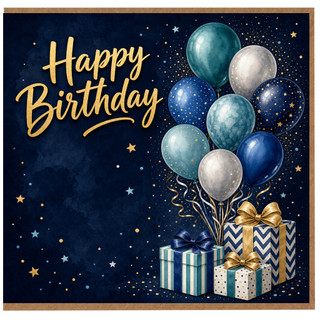 Birthday Card, Blue and Gold Balloon Birthday Card