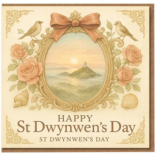 St Dwynwen's Day Card - Elegant Vintage Design with Roses, Birds and Coastal Chapel Sunset - Romantic Welsh Love Card for Partner, Wife, Husband, Boyfriend or Girlfriend