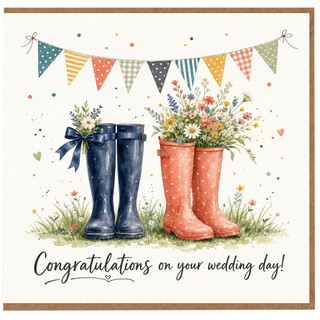 Birthday Card, Cute Wellies and Wildflowers Wedding Day Card