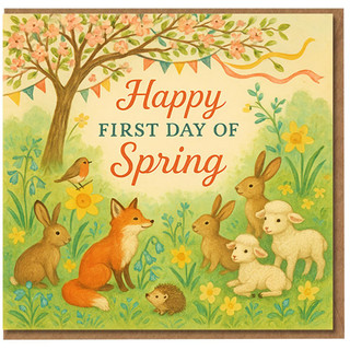 Happy First Day of Spring Woodland Animals Greeting Card - Cute Fox, Rabbits, Lambs, Hedgehog & Robin Under Blossom Tree with Bunting