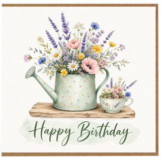 Birthday Card, Floral Watering Can and Teacup Design
