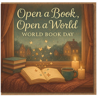 World Book Day Card - Open a Book, Open a World - Cosy Window, Candles, Mug and - Inspiring Reading Card for Lovers, Teachers and Pupils