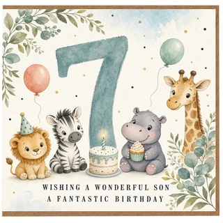 7th Birthday Card, Safari Animals Birthday Card, Wonderful Birthday Card