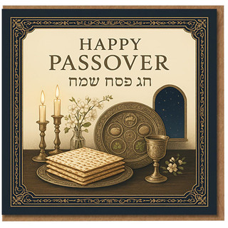 Happy Passover Greeting Card - Elegant Seder Plate, Matzah and Candles Artwork with Hebrew 'Chag Pesach Sameach' - Jewish Pesach Festival Card