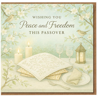 Passover Card - Wishing You Peace and Freedom This Passover - Elegant Seder Table with Candles, Matzah and Blossoms
