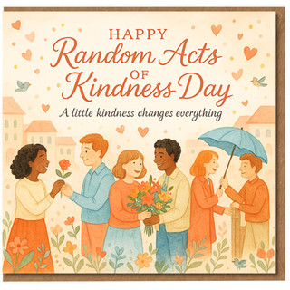 Happy Random Acts of Kindness Day Card - A Little Kindness Changes Everything - Heartfelt Illustration of People Sharing Flowers and Umbrella - Thank You/Just Because