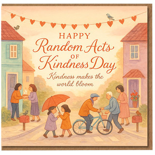 Happy Random Acts of Kindness Day Card - Illustrated Neighbourhood Scene with Heart Garland - ‘Kindness Makes the World Bloom’ Message - Thoughtful Just Because/Friendship Card