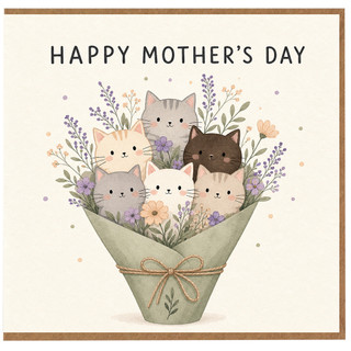 Birthday Card, Cute Cats in Flower Bouquet Design