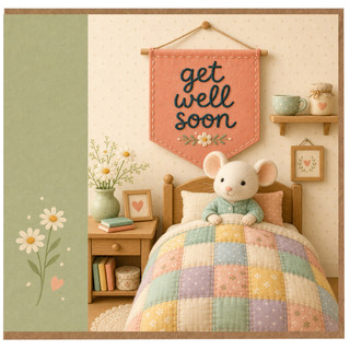 Birthday Card, Cute Mouse in Bed Nursery Style Greeting Card
