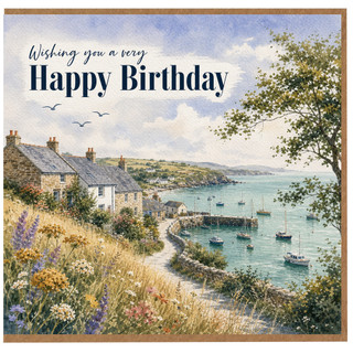 Birthday Card, Coastal Village Harbour Scene Greeting Card