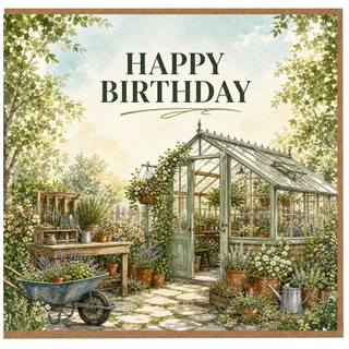 Birthday Card, Garden Greenhouse Happy Birthday Card
