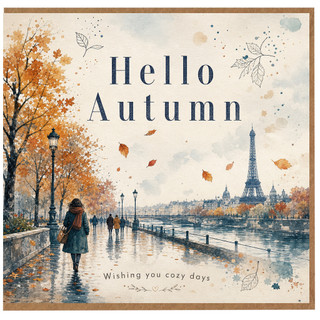 Birthday Card, Hello Autumn Paris Eiffel Tower Card