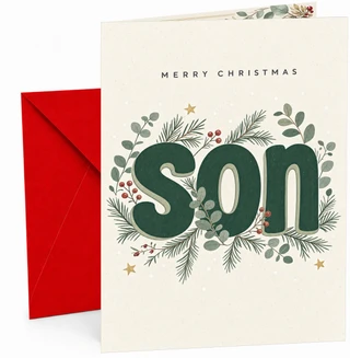 Son Christmas Card Merry Christmas Son Evergreen Foliage Design