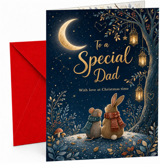 Christmas Card for Dad, “To a Special Dad With love at Christmas time” Moonlit Night Sky with Hanging Lanterns Tree, Rabbit & Mouse Illustration
