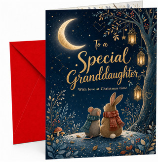 Christmas Card for Granddaughter, “To a Special Granddaughter With love at Christmas time” Moonlit Night Sky with Tree Lanterns, Rabbit & Mouse Illustration