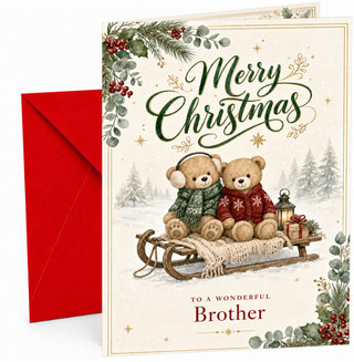 Christmas Card for Brother, “Merry Christmas” To a Wonderful Brother, Two Teddy Bears on Sledge with Lantern & Presents Winter Scene