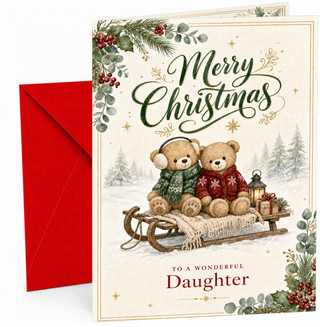 Christmas Card for Daughter, “Merry Christmas” Two Teddy Bears on Sledge with Lantern and Presents Snowy Forest Illustration