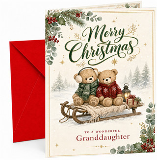 Christmas Card for Granddaughter, "Merry Christmas" To a Wonderful Granddaughter, Two Teddy Bears on Wooden Sledge with Lantern & Presents Snowy Forest Scene
