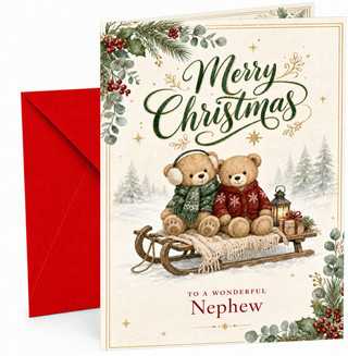 Christmas Card for Nephew, “Merry Christmas” To a Wonderful Nephew, Two Teddy Bears on Wooden Sledge with Lantern & Presents Snowy Winter Scene