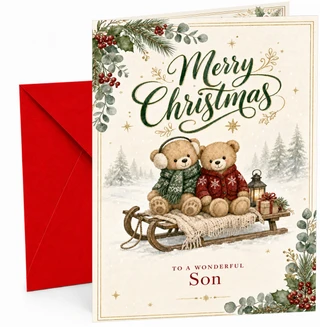 Christmas Card for Son, “Merry Christmas” Two Teddy Bears on Wooden Sledge with Lantern & Presents, To a Wonderful Son