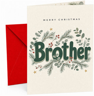 Christmas Card for Brother, “Merry Christmas Brother” Green Lettering with Winter Foliage, Pine Sprigs, Red Berries and Star Illustration