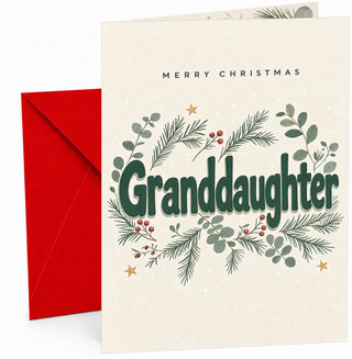 Christmas Card for Granddaughter, “Merry Christmas Granddaughter” Green Typography with Pine Sprigs, Red Berries and Gold Star Illustrations