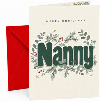 Christmas Card for Nanny, “Merry Christmas Nanny” Green Typography with Winter Foliage, Pine Sprigs, Red Berries and Gold Star Illustration