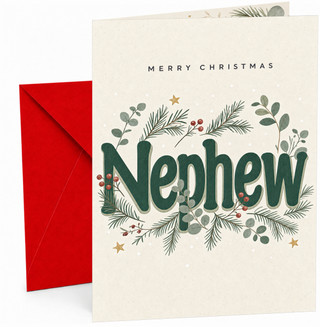 Christmas Card for Nephew, “Merry Christmas Nephew” Green Typography with Winter Foliage, Pine Sprigs, Red Berries and Gold Stars