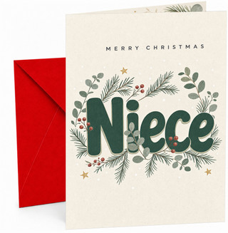Christmas Card for Niece, “Merry Christmas Niece” Green Typography with Winter Foliage, Pine Sprigs, Red Berries and Gold Star Illustrations
