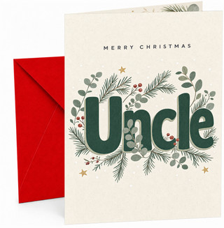 Christmas Card for Uncle, “Merry Christmas Uncle” Green 3D Typography with Winter Foliage, Pine Sprigs, Red Berries and Gold Stars