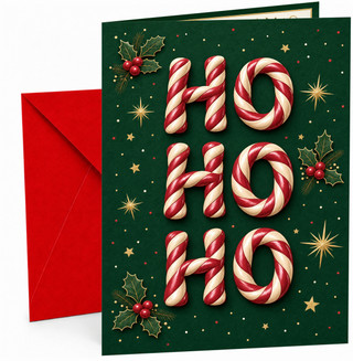 Christmas Card "HO HO HO" Candy Cane Lettering on Green Background with Holly and Star Confetti, Inside Message Included