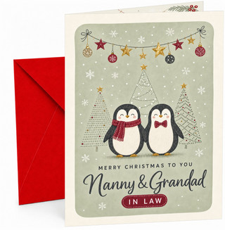 Nanny & Grandad Christmas Card, Cute Penguins and Baubles