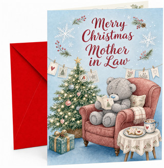 Mother-in-Law Christmas Card, Teddy Bear by Tree Scene