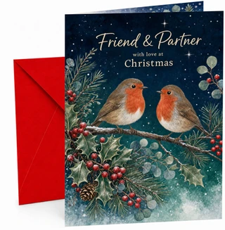 Friend & Partner Christmas Card Robins on Holly Branch