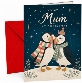 Mum Christmas Card, Cute Penguins in Scarves Under Stars