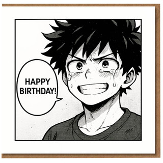 Manga Birthday Card - Anime Comic Panel with Teary-Eyed Boy and 'Happy Birthday!' Speech Bubble - Black and White Design