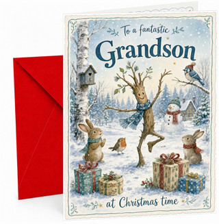 Grandson Christmas Card, Dancing Tree & Woodland Animals