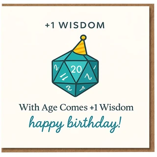 Geeky Gamer Birthday Card - With Age Comes +1 Wisdom - D20 Dice with Party Hat - Funny Tabletop RPG Birthday Card for Gamers
