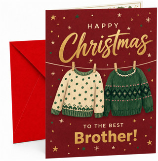 Brother Christmas Card, Hanging Festive Jumpers on Red
