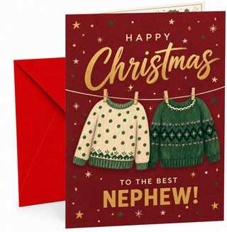 Nephew Christmas Card, Hanging Jumpers on Red Background