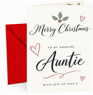 Auntie Christmas Card, Holly and Hearts Calligraphy