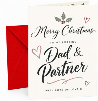 Dad & Partner Christmas Card, Script Typography & Holly Hearts
