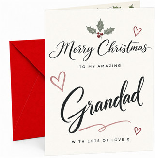 Grandad Christmas Card, Elegant Script Holly and Hearts