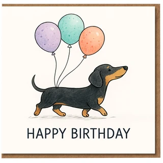 Cute Dachshund Birthday Card - Sausage Dog with Colourful Balloons and Happy Birthday Text - For Dog Lovers, Friends and Family