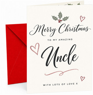 Uncle Christmas Card, Holly and Hearts Calligraphy