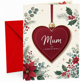 Mum Christmas Card, Red Heart Bauble with Holly and Poinsettia
