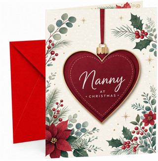 Nanny Christmas Card, Red Heart Bauble and Poinsettia