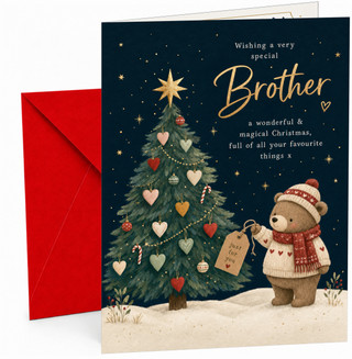 Brother Christmas Card, Bear & Christmas Tree Hearts